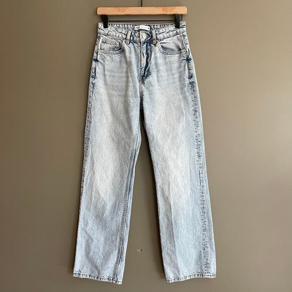 ZARA Z1975 High Rise Long Length Straight Cut Jeans Light Blue Sz 4 Rigid Denim - Picture 4 of 16